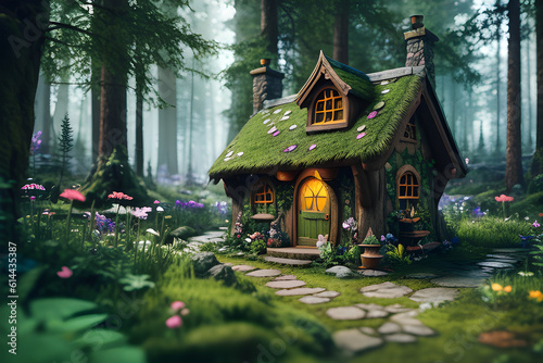 Elf and fairy house in the forest surrounded by trees, concept graphic resources, generative ai