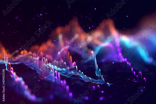 Music abstract background. Molecular background with DNA. Network with connecting dots and lines. Big data visualization. Sound wave. 3d rendering.