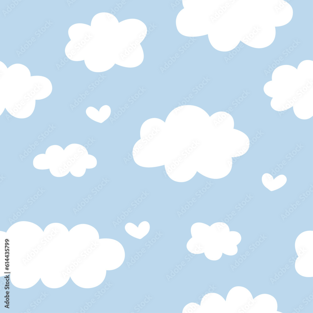 Cute clouds pattern with hearts in doodle style. Summer pattern on blue background. Vector illustration in flat style. Pattern, ornament for clothes, notebooks, children's wallpaper, wrapping paper.