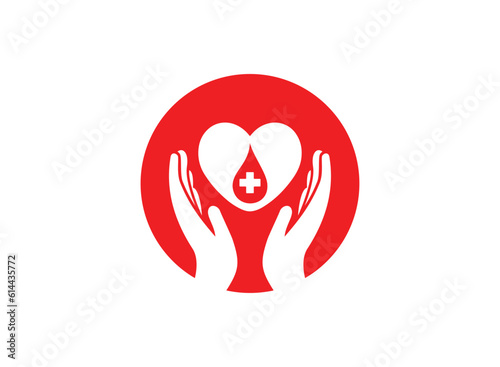 Red heart with blood droplet sign in hands ,Blood donation vector icon