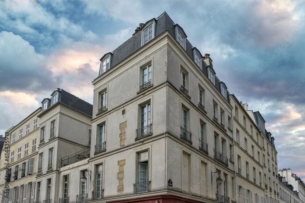 Paris, beautiful buildings, in the Marais, in the historic center
