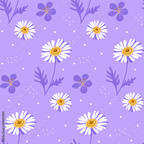 Seamless pattern of white daisies and lilac flowers. Vector illustration on a lilac background for decor and wrapping paper