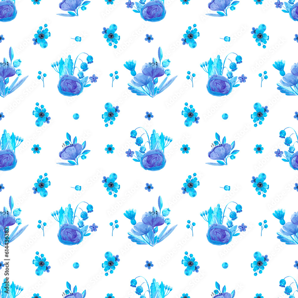 Fototapeta premium Hand drawn watercolor blue flowers and leaves bouquet in a cup seamless pattern. Isolated on white. Can be used for textile, patterns, fabric, gift-wrapping.