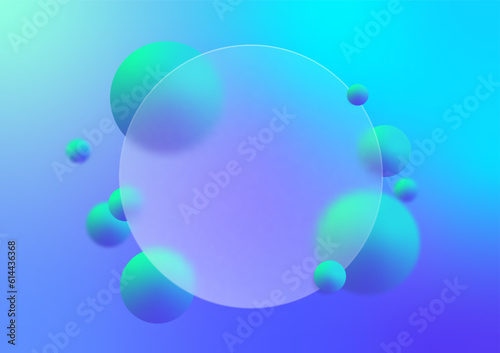 Glass morphism circle with floating green and blue spheres geometric shape on gradien color, modern abstract background