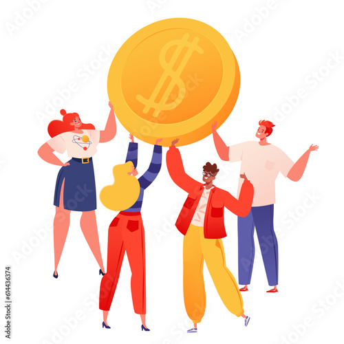 Flat cartoon vector business team holds large gold coin with dollar symbol. Working on financial success, business, banking, brainstorming, investment search and results. Group collaboration, teamwork