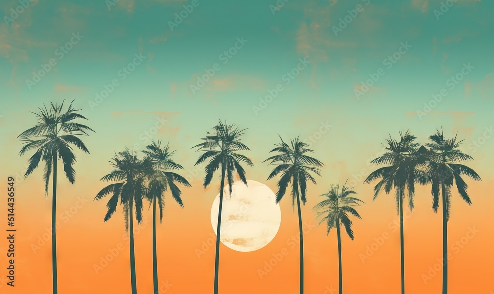  a painting of palm trees and a full moon in the sky with a sky background that is orange and blue and has a sky with a few clouds.  generative ai