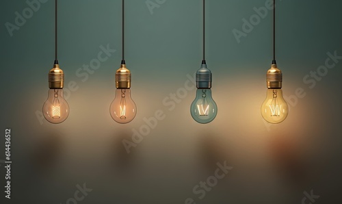  a group of light bulbs hanging from a line of lightshades with one light bulb turned on and the other turned on and turned on. generative ai