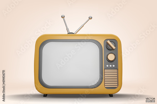 3D render yellow Vintage Television Cartoon style isolate on background. Minimal Retro TV. Yellow analog TV.  Old TV set with antenna. 3d vector illustration.