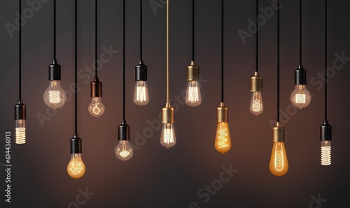  a group of light bulbs hanging from a ceiling with one light on top of the other and the other on the ceiling above them with a black background. generative ai