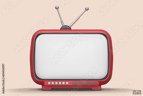 3D render red Vintage Television Cartoon style isolate on  background. Minimal Retro TV. Red analog TV.  Old TV set with antenna. 3d vector illustration.