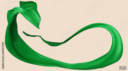 Flying green silk textile fabric flag background. Smooth elegant green Satin Isolated on beige Background for grand opening ceremony. Green curtain. 3d vector illustration.