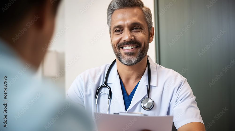 Smiling male doctor communicating with a patient in his medical office Smiling male doctor communicating with a patient in his medical office