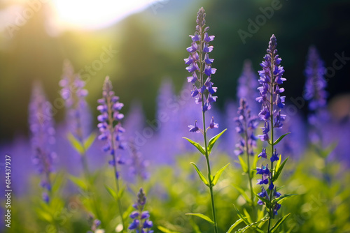 Purple flowers blooming in natural setting with sunlight