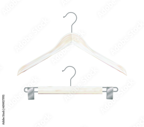 Wooden clothes hangers Clothes hanger made of white wood. Realistic vector clothes hanger wooden hanger closeup isolated on background. Design template, clipart or layout for graphics. Vector