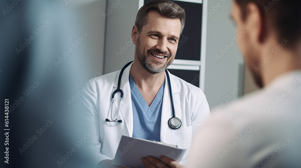 Smiling male doctor communicating with a patient in his medical office Smiling male doctor communicating with a patient in his medical office