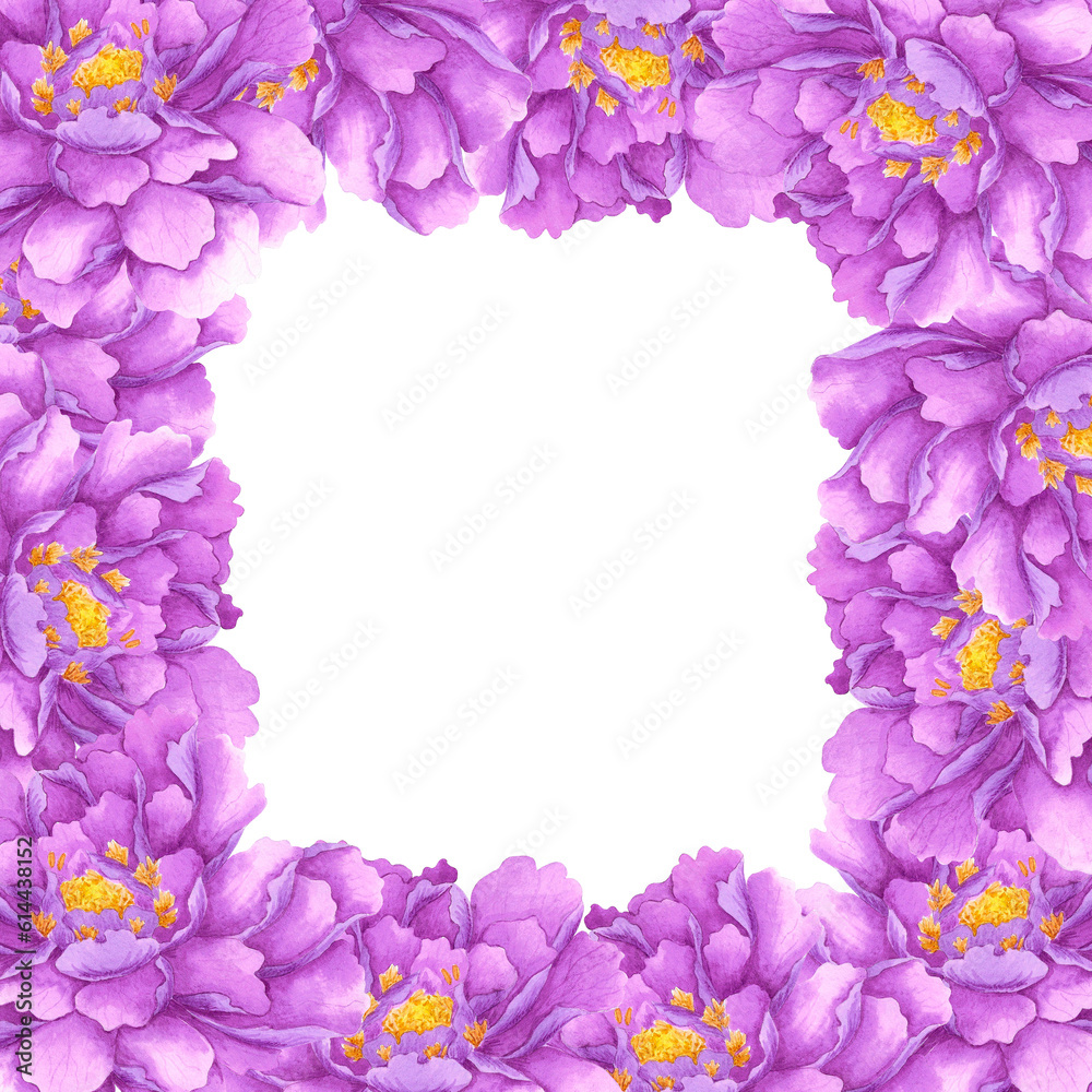 Hand drawn watercolor purple peony frame boarder isolated on white background. Can be used for invitation, postcard, poster, book decoration and other printed products.