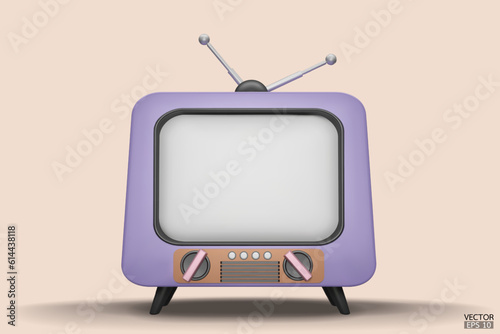 3D render purple Vintage Television Cartoon style isolate on background. Minimal Retro TV. Purple analog TV.  Old TV set with antenna. 3d vector illustration.