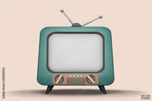 3D render green Vintage Television Cartoon style isolate on  background. Minimal Retro TV. Green analog TV.  Old TV set with antenna. 3d vector illustration.