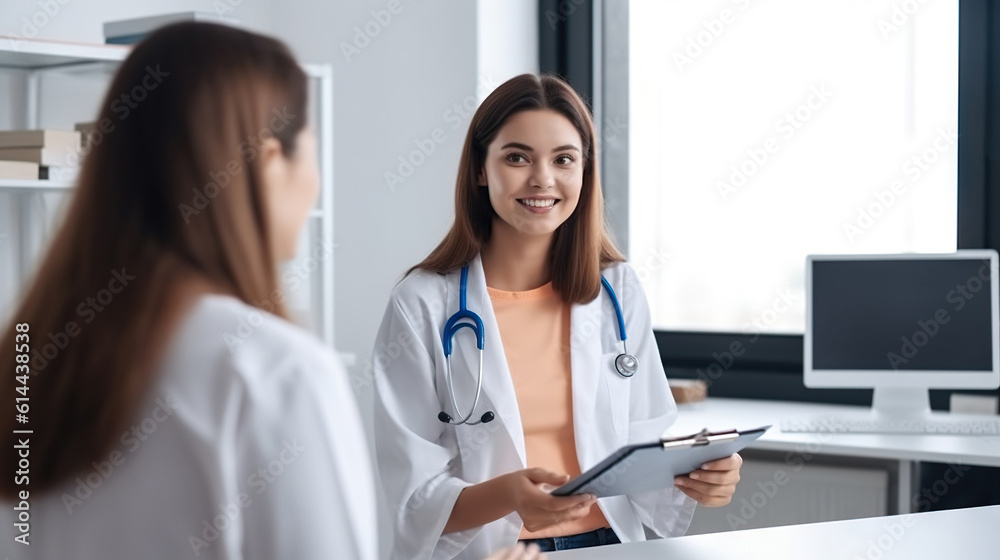 Smiling female doctor communicating with a patient in her medical office Smiling female doctor communicating with a patient in her medical office