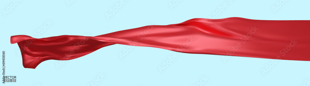 Flying red silk textile fabric flag background. Smooth elegant red Satin Isolated on blue Background for grand opening ceremony. Red curtain. 3d vector illustration Flying red silk textile fabric flag background. Smooth elegant red Satin Isolated on blue Background for grand opening ceremony. Red curtain. 3d vector illustration
