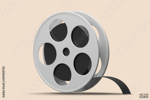 White Film icon isolated on beige background. Video camera tape 3D sign symbols logo. Reel Camera Negative Film. 3d render movie,cinema, entertainment concept. 3D Vector Illustration.