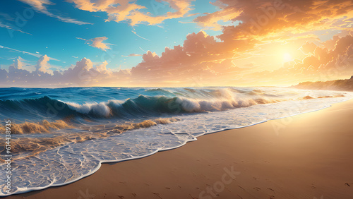 Beautiful colorful sunset over the sea. Beautiful seascape with waves at sunset. Nature composition. Seascape. Holiday Vacation concept. Generative AI technology.