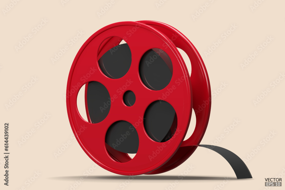 Red Film icon isolated on beige background. Video camera tape 3D sign symbols logo. Reel Camera Negative Film. 3d render movie,cinema, entertainment concept. 3D Vector Illustration. Red Film icon isolated on beige background. Video camera tape 3D sign symbols logo. Reel Camera Negative Film. 3d render movie,cinema, entertainment concept. 3D Vector Illustration.