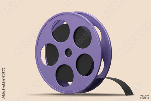 Purple Film icon isolated on beige background. Video camera tape 3D sign symbols logo. Reel Camera Negative Film. 3d render movie,cinema, entertainment concept. 3D Vector Illustration.