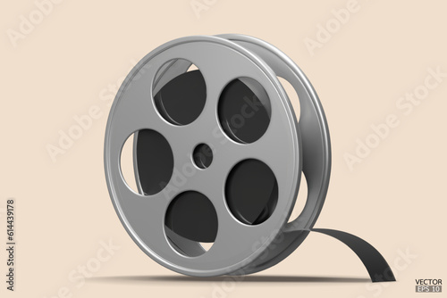 Metallic Film icon isolated on beige background. Video camera tape 3D sign symbols logo. Reel Camera Negative Film. 3d render movie,cinema, entertainment concept. 3D Vector Illustration.