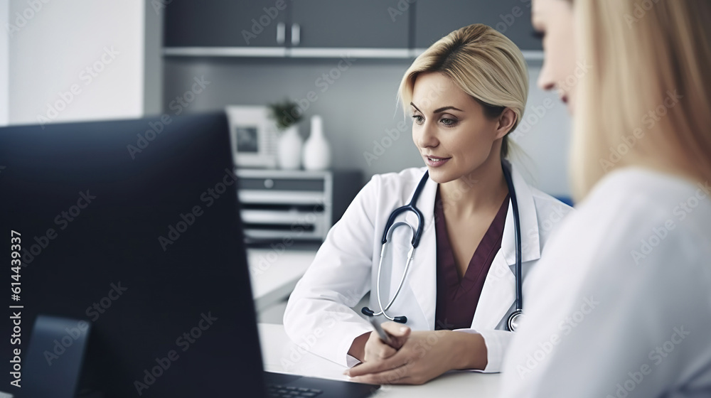 Female doctor communicating with a patient in her medical office Female doctor communicating with a patient in her medical office