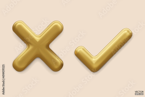 3D gold Checkmark and X mark icon. Checkmark right symbol, tick sign. check and uncheck for web and mobile apps. 3D vector illustration.