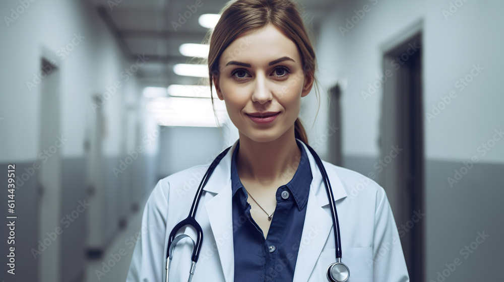 Portrait of a young female doctor in uniform and stethoscope on blurred background of a hospital corridor