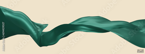 Flying green silk textile fabric flag background. Smooth elegant green Satin Isolated on beige Background for grand opening ceremony. Green curtain. 3d vector illustration