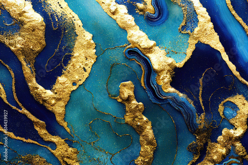 Blue and golden acrylic liquid ink swirl abstract background with ravishing turbulence wavy pattern and detailed texture. Luxury fluid liquid art by Generative AI.