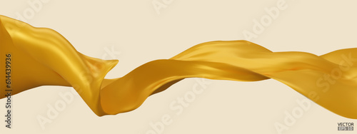Flying yellow silk textile fabric flag background. Smooth elegant yellow Satin Isolated on beige Background for grand opening ceremony. Yellow curtain. 3d vector illustration.