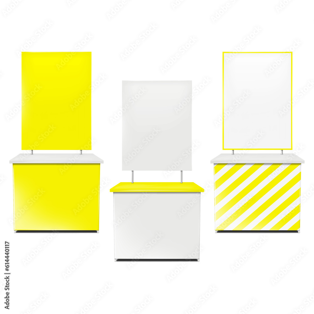 Promotional table with blank banner board isolated on white background