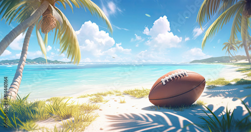 American football lying on the ground in a luxury resort summertime - Generative AI photo