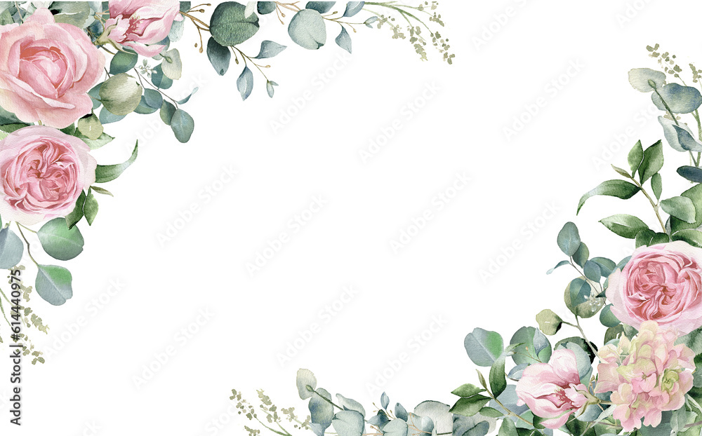 Watercolor floral illustration. Pink flowers and eucalyptus greenery ...