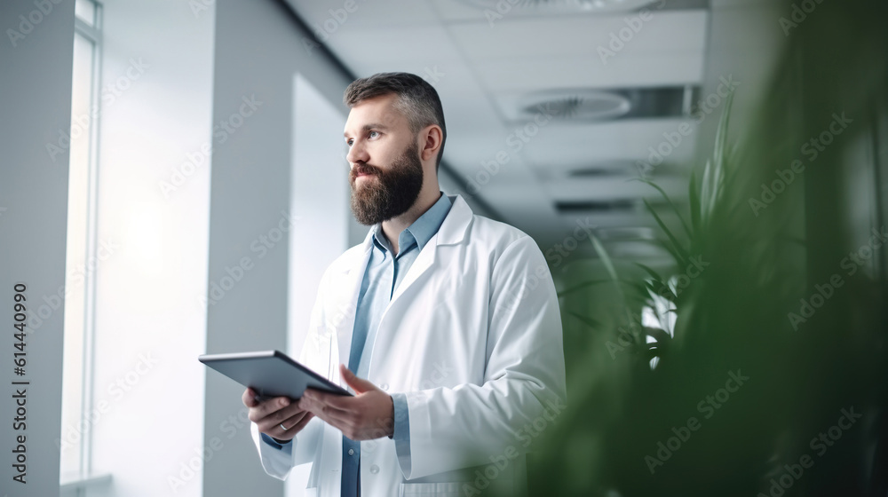 Fototapeta premium Male doctor with tablet in hospital corridor