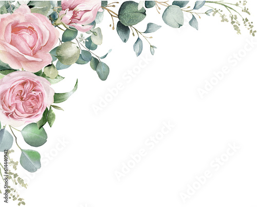 Watercolor floral illustration. Pink flowers and eucalyptus greenery bouquet.  Dusty roses, soft light blush peony - border, wreath, frame. Perfect wedding stationary, greetings,  fashion, background