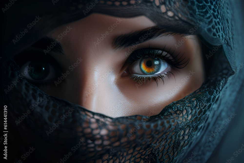 Beautiful eyes of Arab woman in black lace hijab, Generative AI