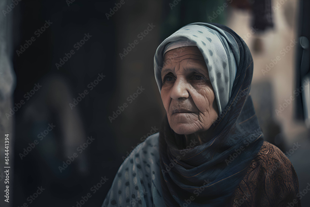 An old Arab woman in a headscarf, Generative AI An old Arab woman in a headscarf, Generative AI