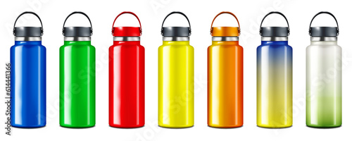 Color insulated water bottle isolated on white background realistic vector mockup set. Stainless steel shiny metal sport flask mock-up. Template for design. Easy to recolor