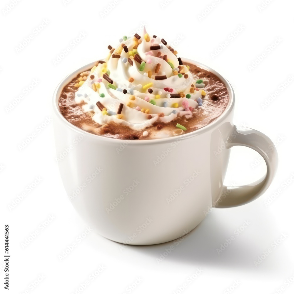 Cup of coffee or Chocolate with whipped cream and colorful sprinkles isolated on white, hot beverage closeup Cup of coffee or Chocolate with whipped cream and colorful sprinkles isolated on white, hot beverage closeup