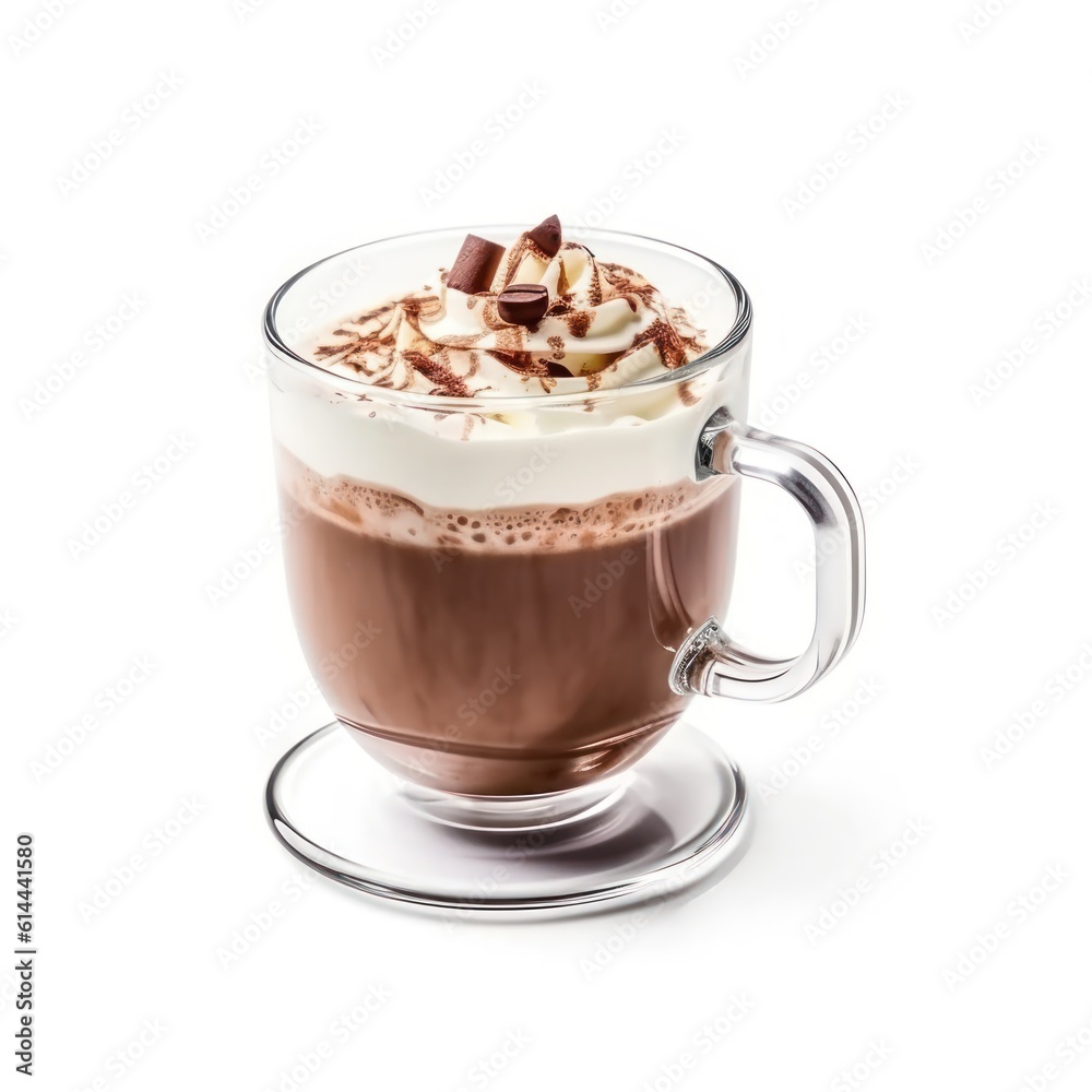 Chocolate with whipped cream in a glass mug isolated on white, hot beverage closeup Chocolate with whipped cream in a glass mug isolated on white, hot beverage closeup