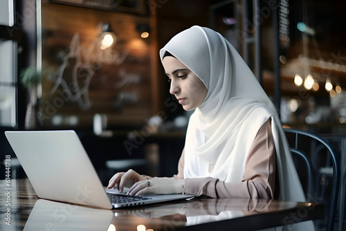 Arab woman works at a laptop in a cafe, Generative AI 1