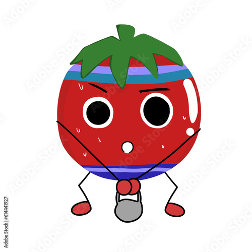 Cartoon tomato character Kettlebell Front Squat . Cute sporty tomato character making cardio workout. hand drawing cartoon, PNG illustration.