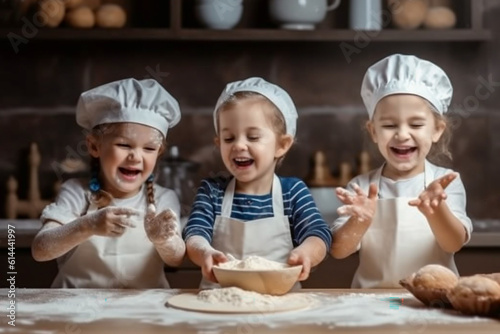 Cheerful children prepare dough, bake cookies in the kitchen. Generative AI