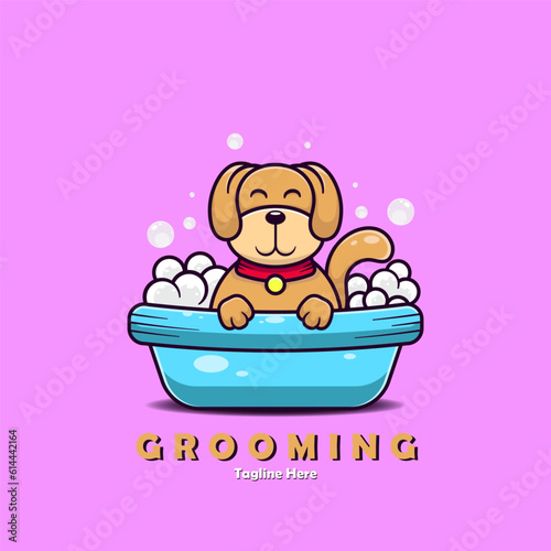 Cute dog soaking foam. Dog grooming logo concept.