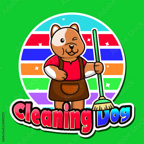Cute dog holding a broom cleaning dog illustration logo.